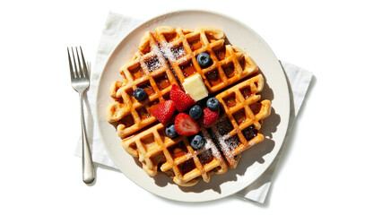 Fresh Waffle with Maple Syrup Topped with Fresh Fruit Food