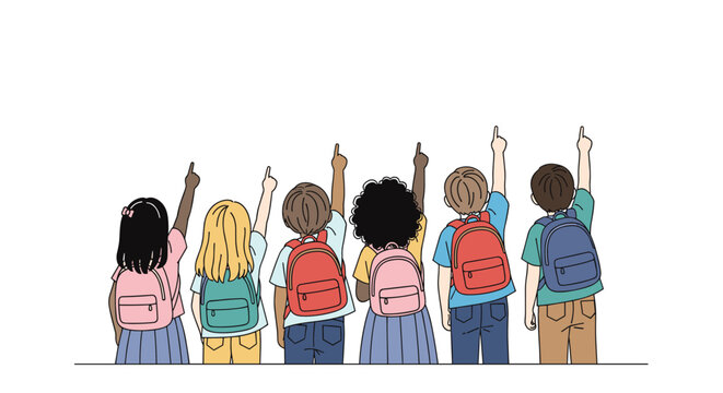 A diverse group of young children standing with their backs to the camera wearing backpacks and raising their hands up.