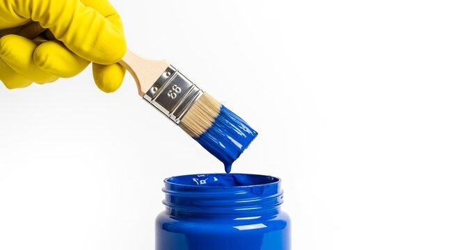 A yellow-gloved hand holds a paintbrush with blue paint dripping into an open blue paint container against a white background.