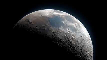 Close up view of the illuminated surface of the Moon showcasing its craters and textured terrain against the darkness of space
