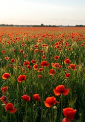 Fototapeta premium Vibrant Red Poppy Field Under a Clear Sky in the Countryside.