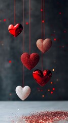 Hanging decorative hearts in red and white tones with glitter background  