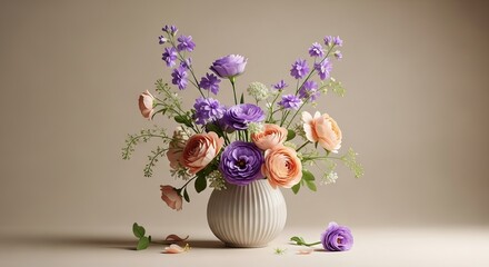A bouquet of pink, peach, and purple flowers in a fluted white vase against a soft, neutral background.