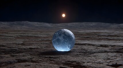 A luminous ice like orb glows on a barren cratered lunar surface under a dark sky with a distant celestial body