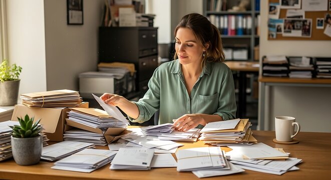 Woman Working at Desk Surrounded by Papers and Files in Office - Powered by Adobe