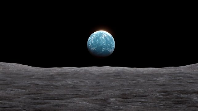 Vibrant Earth rises above the desolate cratered lunar surface illuminating the dark void of space with a gentle glow