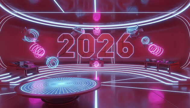 Futuristic 2026 New Year celebration stage with neon lights and digital display