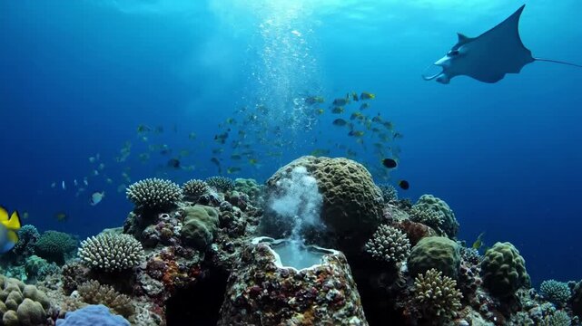 Bubbles Erupting from Vent Underwater thermal vent releasing streams of natural bubbles amidst vibrant coral formations and passing marine animals. Low angle, close up, slow tilt up