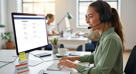 Young Woman Customer Support Agent Wearing Headset Working at Office Desk