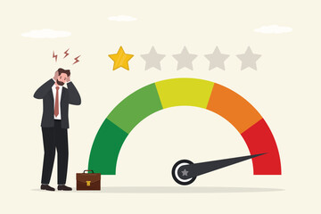 Business owner or unhappy businessman is sad because his business gets one star. Poor performance and bad reputation. Bad customer reviews and low rating, unsatisfactory service