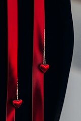 Red heart ornaments hanging from satin ribbons on dark background  