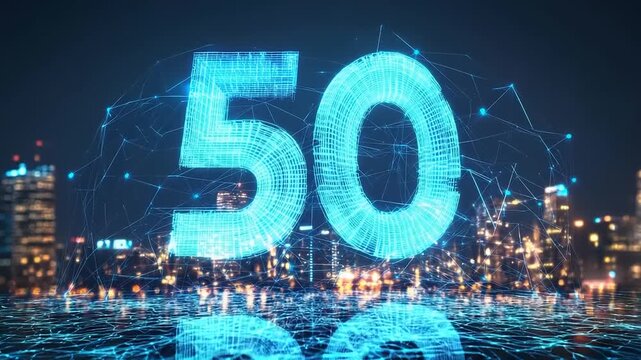 Futuristic 5G network technology concept illuminating a smart city skyline at night with glowing digital data streams for global connectivity - Powered by Adobe