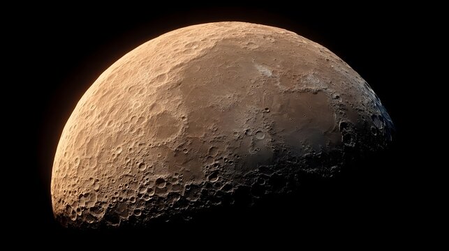 Close up view of the Moon s cratered surface under warm directional lighting