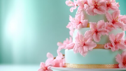 Elegant three-tiered pastel cake adorned with delicate pink cherry blossom sugar flowers, perfect for a spring wedding or celebration