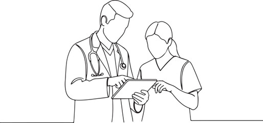 Line drawing of a doctor and nurse looking at a tablet