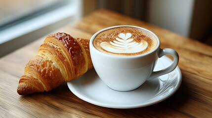 Coffee Latte Art  Croissant on Wooden Table  Breakfast Concept.