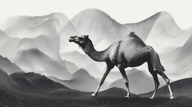 Elegant black and white vector of a camel walking through desert lines, created with soft textures and detailed contours over a white background. Symbolizes patience and endurance. 