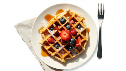 Waffle Stack with Fresh Berries and Maple Syrup on Plate