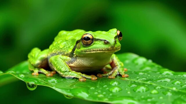 A vibrant green tree frog perfectly camouflaged on a dew kissed tropical leaf, showcasing its intricate skin texture and large, watchful eyes. close up