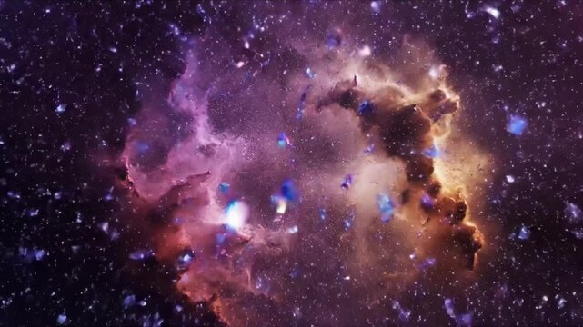 Dynamic eruption of crystalline particles and iridescent dust, rapidly expanding outwards with intense energy against a cosmic backdrop, showcasing the initial powerful burst.