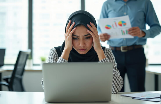 Muslim businesswoman looks stressed at laptop in modern office. Colleague holds financial charts nearby. Team works indoors, facing deadline pressure. Diversity in workplace. - Powered by Adobe