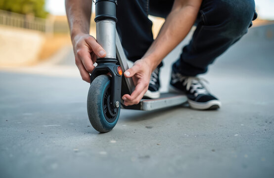 Person crouches down to adjust or check front wheel of electric scooter on concrete surface. Hands are visible. Person wears black pants and sneakers. Selective focus on the wheel and hands.