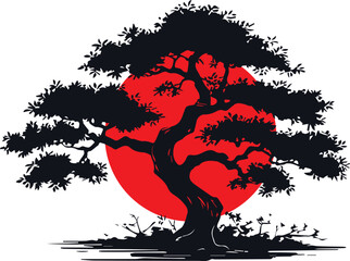 A stark black silhouette of a gnarled tree with dense foliage stands before a bright, textured red sun.