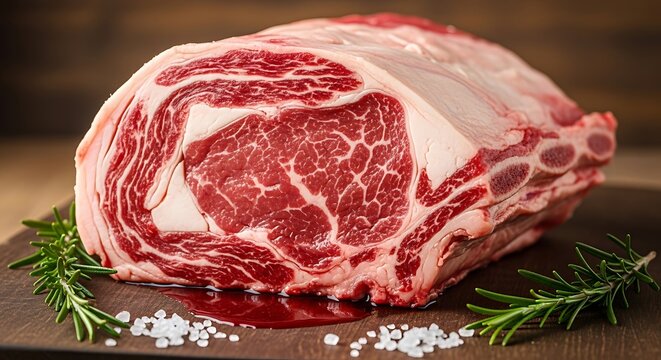Raw Prime Rib Roast on Wooden Board with Herbs and Salt.