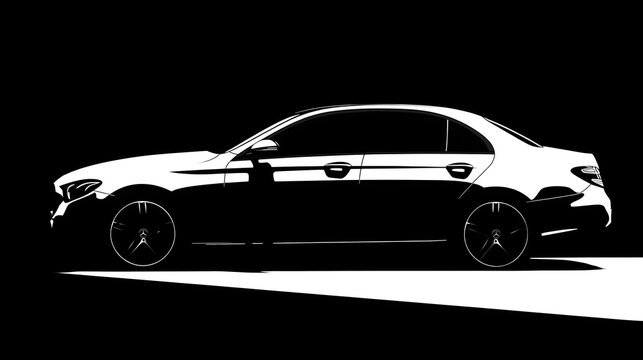 Modern sedan automobile profile rendered in high contrast black and white illustration