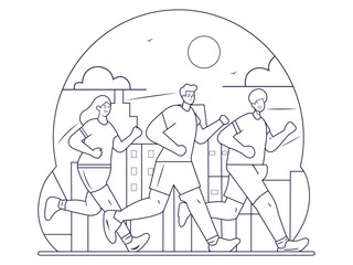 Three diverse people engaging in an invigorating outdoor run through a stylized city landscape, showcasing healthy lifestyle, fitness, and urban exercise with a minimalist line art illustration
