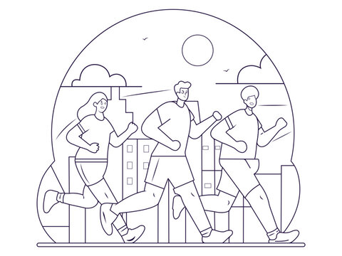 Three diverse people engaging in an invigorating outdoor run through a stylized city landscape, showcasing healthy lifestyle, fitness, and urban exercise with a minimalist line art illustration - Powered by Adobe