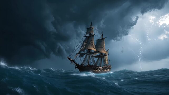Ancient sailing ship caught in fierce storm with dark clouds and lightning during turbulent weather at sea