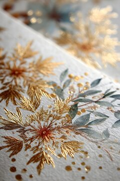 Exquisite Botanical Floral Design with Gold Accents in Watercolor Illustration on Textured Paper: Elegant Pattern and Delicate Artwork for Sophisticated Stationery and Creative Decor
