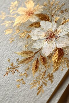 Golden Flower Elegance in Handcrafted Botanical Artistry: Delicate Petals and Exquisite Foliage with Luxurious Goldleaf Accents