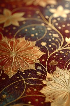 Golden Leaves and Ornate Patterns: Rich Colors and Intricate Design in Decorative Art with Floral Motifs and Luxurious Textures
