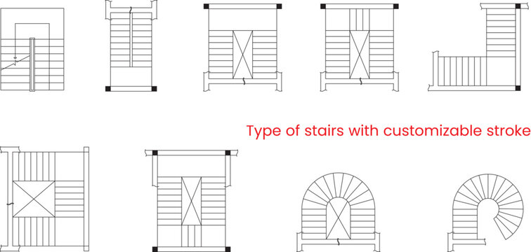 Type of stairs, staircase, architectural elements for the floor plan, blueprint, customizable stroke, vector, illustration