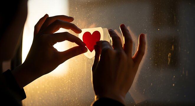 Hands Holding Heart-shaped Card Near Window with Sunset Backlight Romantic Atmosphere