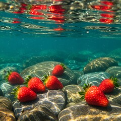 Underwater strawberry scene with vibrant red fruits and clear water.