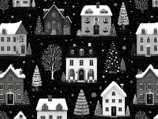 Fototapeta premium Charming Winter Wonderland: Snow-Covered Homes in Black and White Festive Design