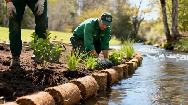 Nature reserve caretakers placing coir logs and native plantings on stream banks to protect soil and promote natural stabilization.