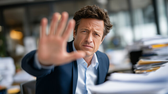 Stressed businessman in formal suit raising his hand toward the camera in a clear stop gesture, tense facial expression, blurred modern office background filled with paperwork and - Powered by Adobe