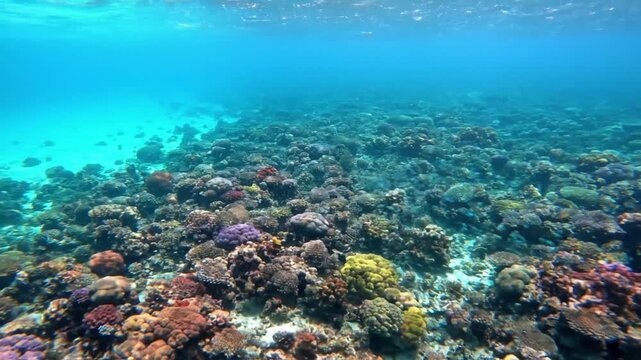 Overhead panorama showcasing the intricate patterns and vibrant hues of a flourishing coral reef ecosystem, teeming with diverse marine life beneath the surface.