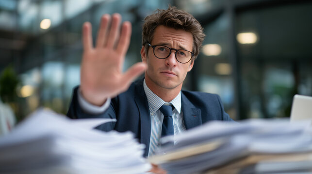 Overwhelmed businessman sitting at desk, palm facing camera in defensive stop sign, piles of documents around him, soft daylight through glass windows