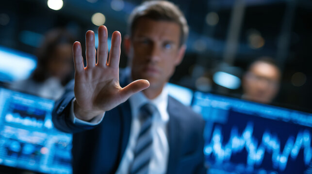 Close-up of a professional man in a suit showing stop gesture, visible stress on his face, computer screens with financial charts glowing in the background
