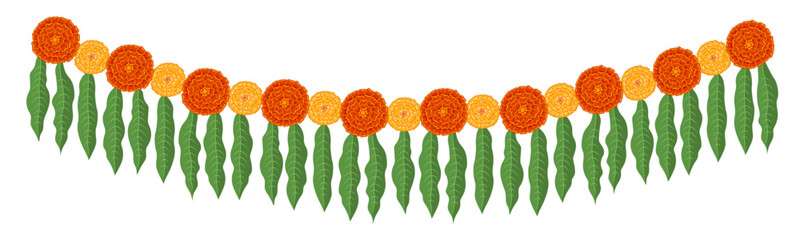 Traditional Indian flower garland with marigold flowers and mango leaves. 