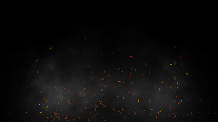 Perfect fire particles embers texture. Abstract flying sparkle in smoke. Isolated overlays black background. Stock illustration. © Victor