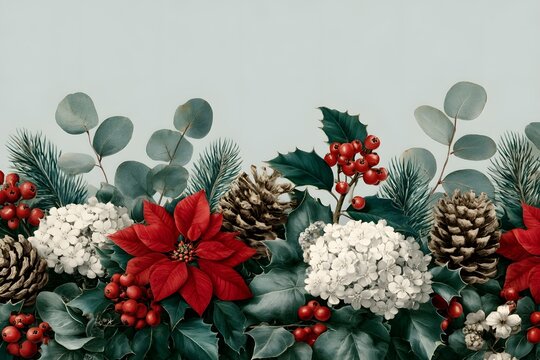 Enchanting Poinsettia and Evergreen Holiday Floral Arrangement: Winter Elegance with Red Berries, Pine Cones, and Eucalyptus Foliage