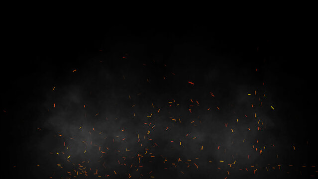 Perfect fire particles embers texture. Abstract flying sparkle in smoke. Isolated overlays black background. Stock illustration.