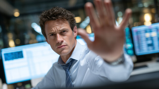 Businessman under pressure, stop gesture with open palm, multiple monitors and spreadsheets visible, cold office lighting emphasizing anxiety and fatigue