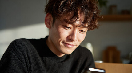 Asian man with cup of tea and smartphone.